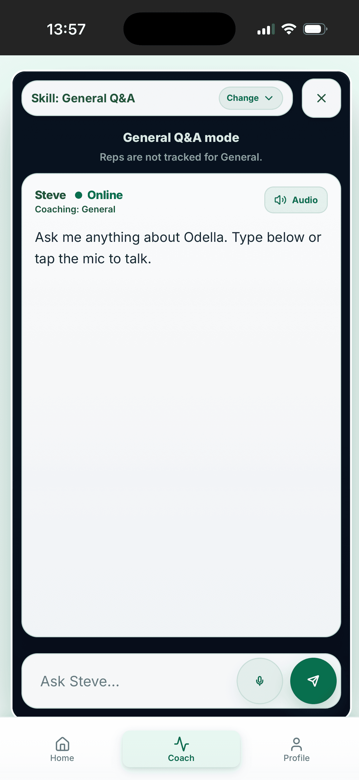 Steve, your AI Coach screen