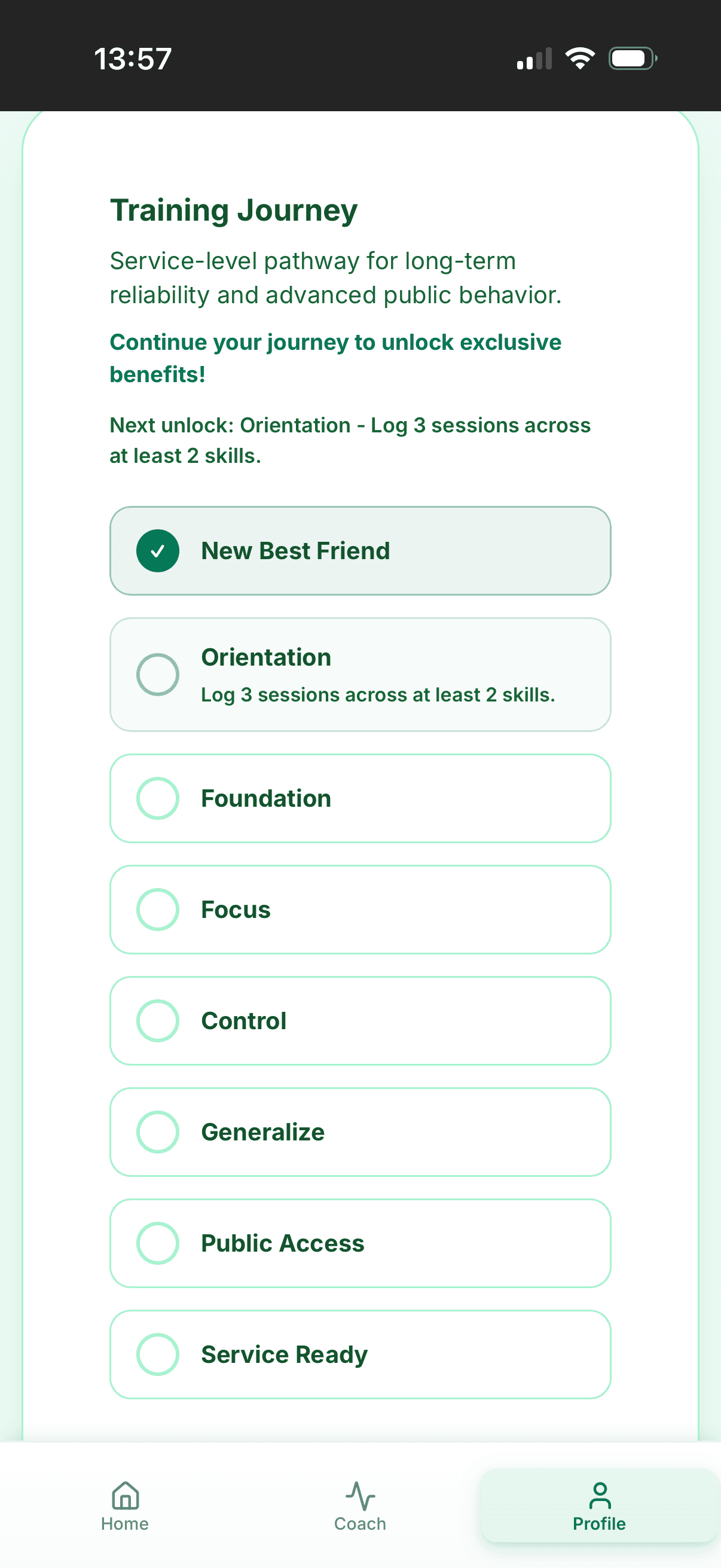 Training Journey screen