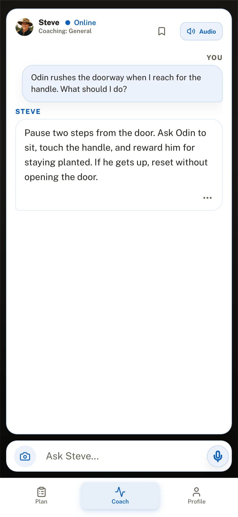 ModDog Coach showing Steve's personalized check-in for Odin.