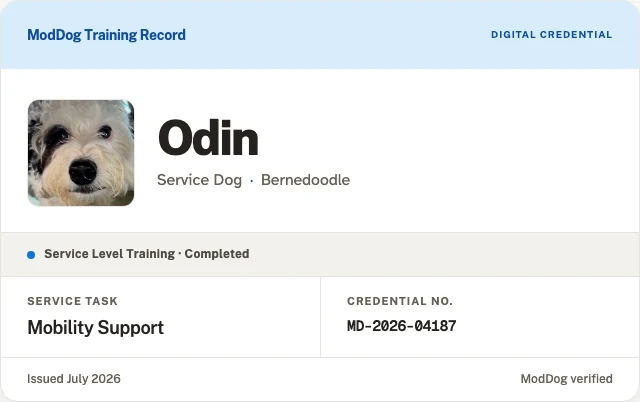 Odin’s verified ModDog credential for completed service-level mobility-support training.