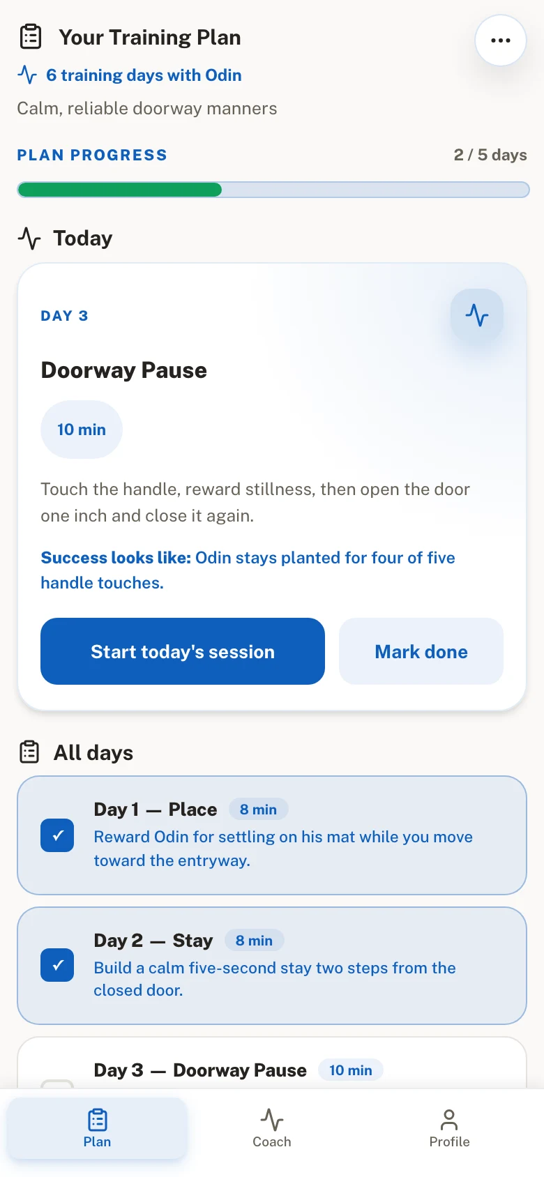 Odin's ModDog training plan showing today's practice and completed days.